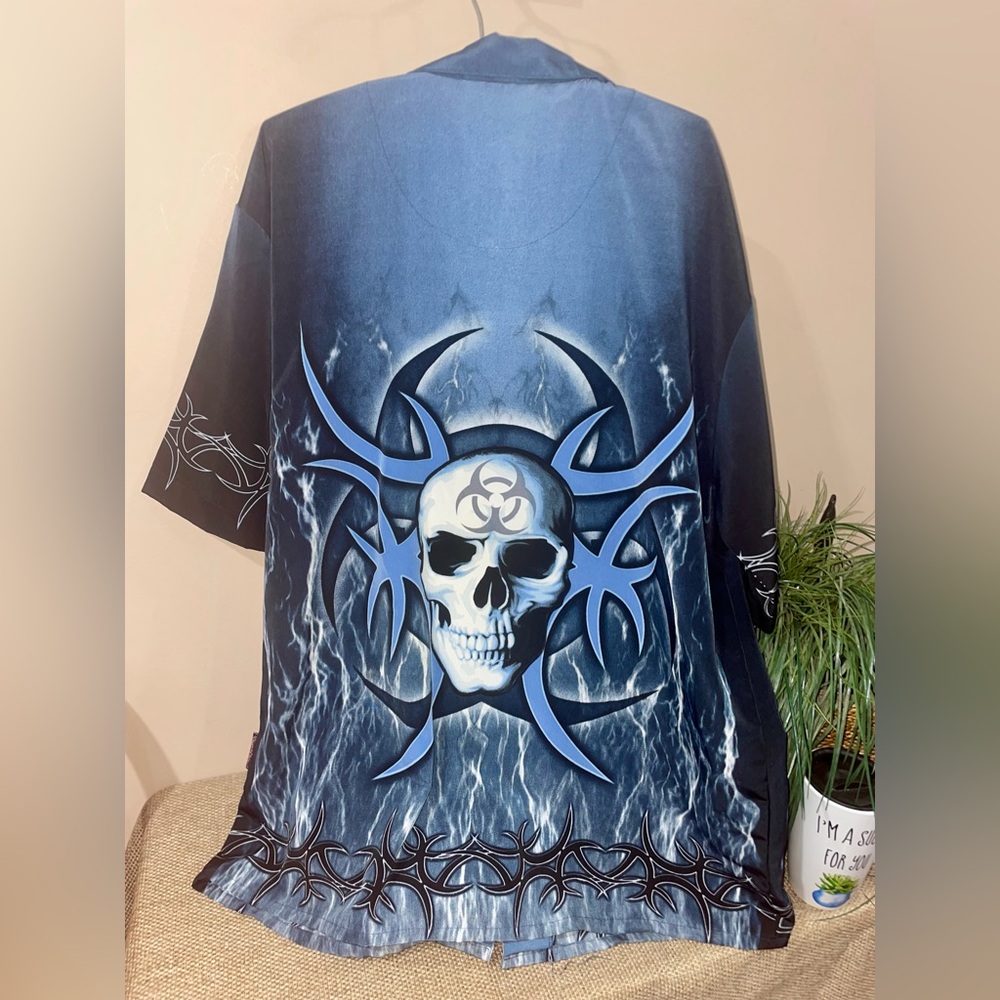 Sapphire Lounge Vintage Men's Blue Skull Graphic Button Down Shirt size XXL - Picture 2 of 3